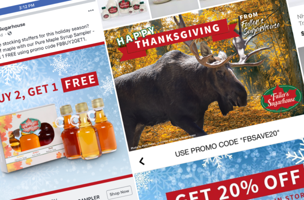 Some work done by Sullivan Creative for Fuller's Sugarhouse's 2018 Holiday Marketing Campaign, including paid ads on social media and a printed postcard