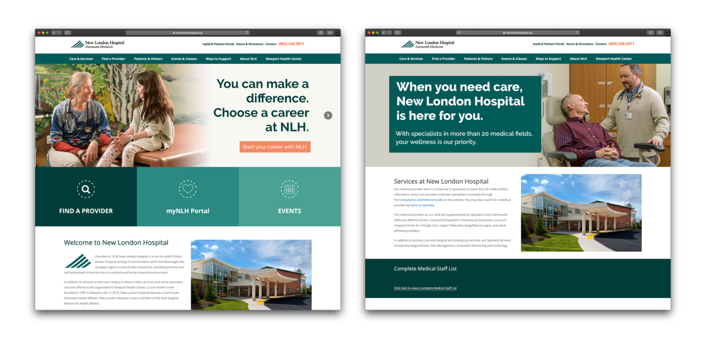 Screenshots of the New London Hospital website showing the photos from the photoshoot in use