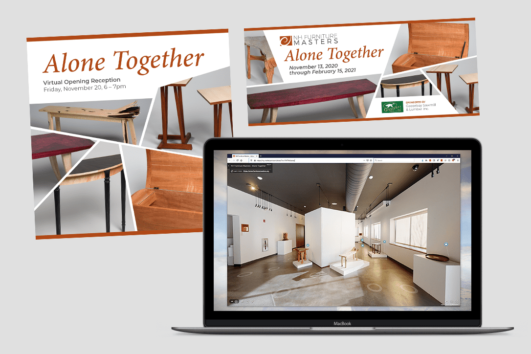 Examples of marketing collateral used to promote a virtual exhibition for the NH Furniture Masters